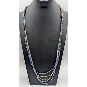 Silver Tone Multi-Chain Blue Bead Rawhide Adjustable Boho Necklace